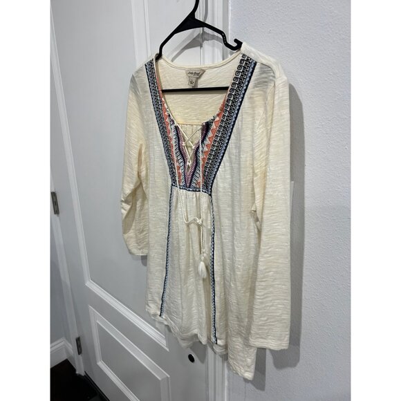 Lucky Brand Embroidered Lace Up Knit Blouse Sz Large Ivory Blue Tassel Tie Bohem - Picture 3 of 10